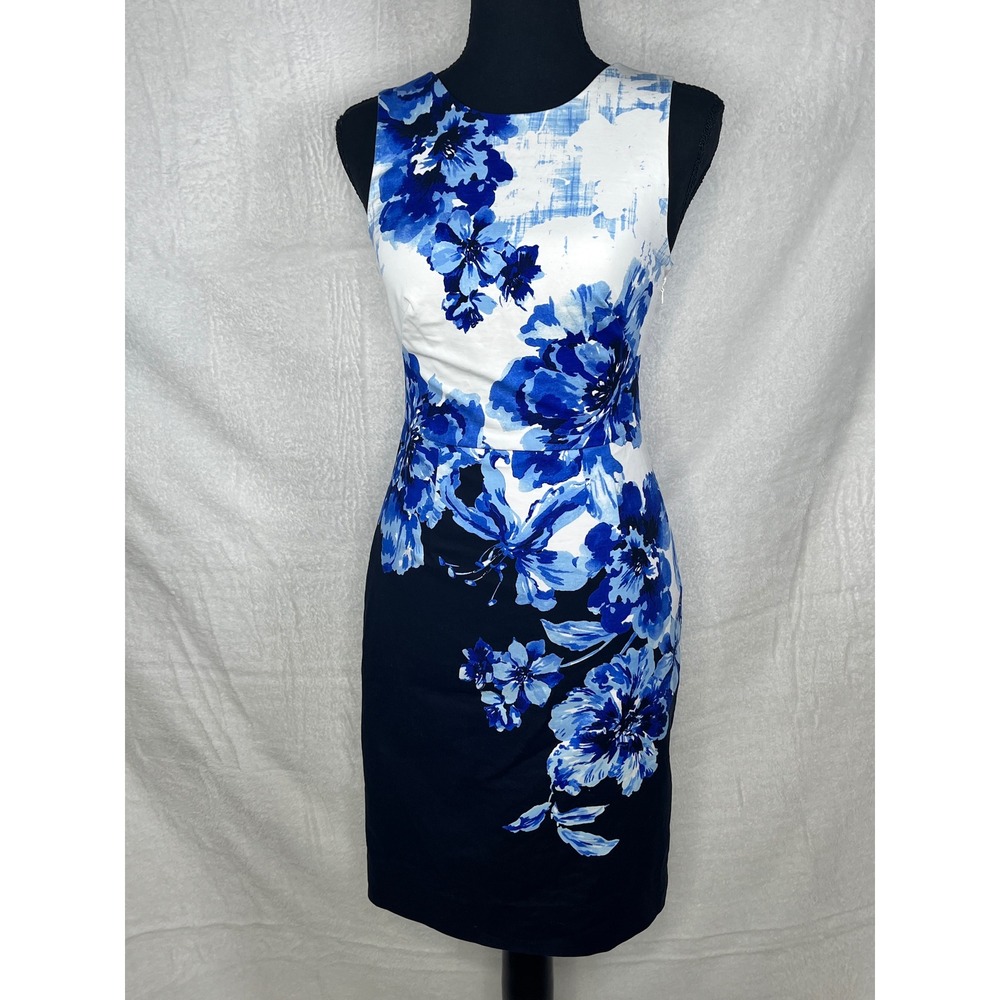 Maeve Floral‎ Print Sleeveless Sheath Dress White Blue Size 0 Career